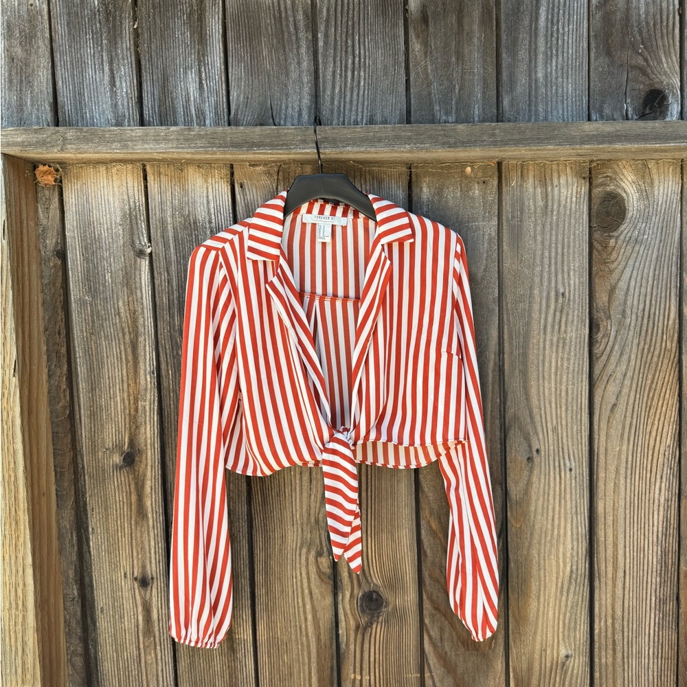 Red and White Striped Tie-Front Blouse